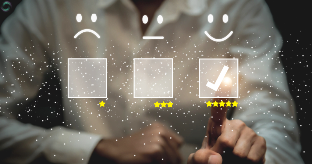 A man in a suit smiles and points at a clipboard with smiley faces  checklist showing expectations. 