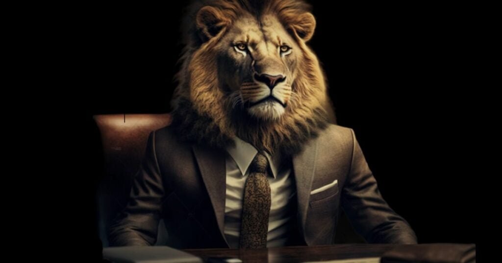 An alpha male lion in a suit